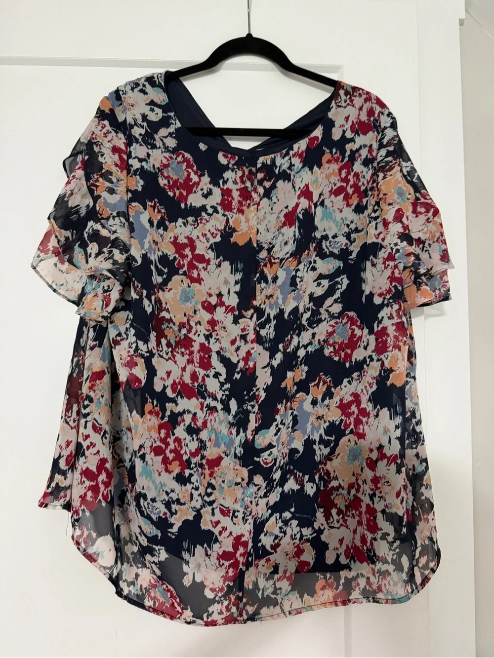 Lane Bryant Navy Floral Ruffle Sleeve Blouse